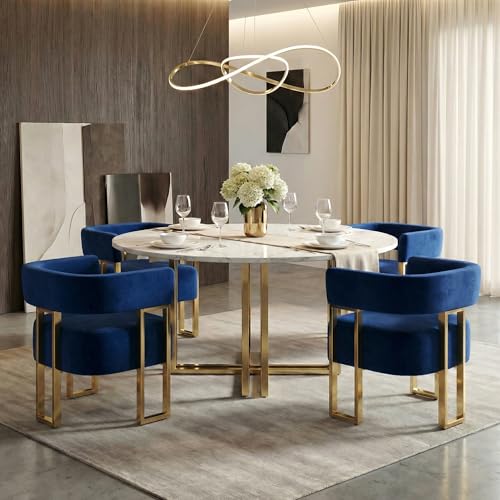 Image of Velvet Dining Chairs Set of 4, Blue Upholstered Accent Armchairs, Gold Legs