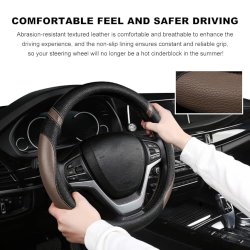 Image of Car Steering Wheel Cover, 15 Inch Premium Leather Breathable Non-Slip Wheels Wrap, Universal Auto Comfortable Steering Wheel Protector for SUV Truck Van, Car Accessories (Coffee)