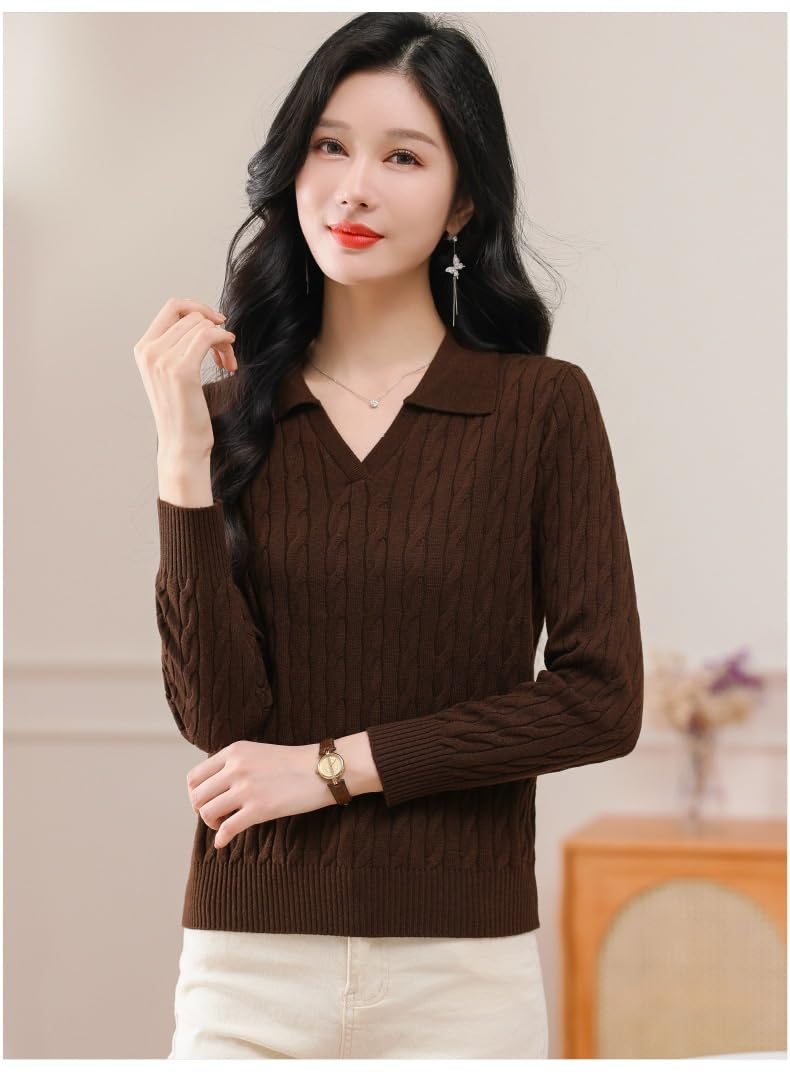 Maglioni da Donna con Scollo a V, Maglione Lavorato a trecce, Pullover Casual Elegante, Top Autunno Inverno alla Moda(Brown,M)