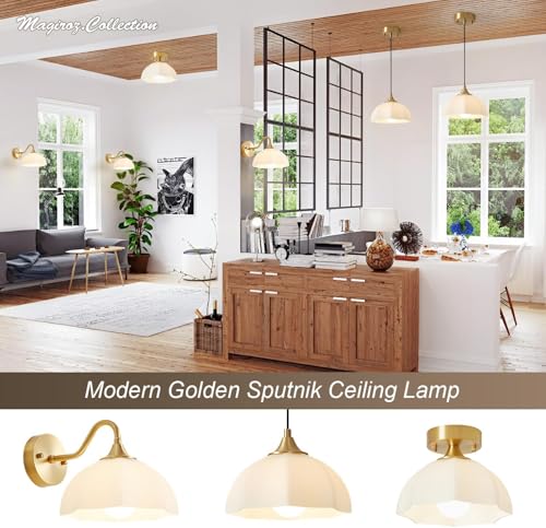 Image of Gold Wall Sconce Set of 2 Mid Century Modern Wall Mount Light Hardwired Sconces Wall Lighting with Milky White Glass Shade Indoor Bedside Sconces Wall Lamp for Living Room Hallway MWL02-2A