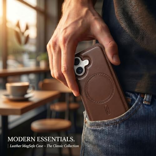 Image of amazon basics Premium PU Leather Case for iPhone 16, MagSafe Compatible Magnetic Ring, Sleek Protective Back Cover - [Brown]
