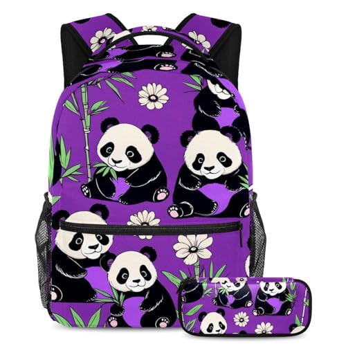 Cartable panda violet avec sac à dos et trousse scolaire pour adolescents