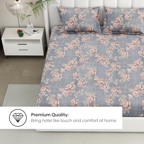 Image of Rivermoor 200 TC Ultrasoft Bed Sheet Double Bed | Queen Size Bed Sheet with 2 Pillow Covers | Elastic Fitted Bedsheet | Grey Floral Print | 72 x 78 x 10 Inches | Soft, Breathable & Easy Care