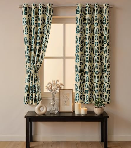 Image of Ultimate Trends Room Darkening Digital Printed Floral Geomatrical Prints Curtain 65-70% Opacity,Diamond Eyelets, Tie Back, Floral Geomatrical, 7 FEET Pack of 2,Beige with Dark Teal