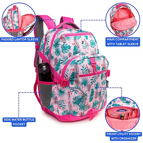 Image of J World New York Atom Laptop Backpack - Ergonomic Backpack for School with Air Mesh Padded Shoulder Straps - 600D Polyester Work Backpack for Men and Women - Stylish Design (PALM LEAVES)