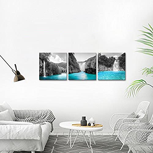 Derkymo 3 Pieces Teal Waterfall Pictures Black And White Canvas Wall Art Landscape Artwork For Bedroom Bathroom Decor Framed Ready To Hang 12"X12"X3Pcs #TOP2