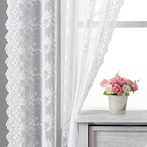 Premium White Lace Sheer Curtains - 63 Inch Floral Branch Design, Set of 2 Panels for Bedroom Privacy