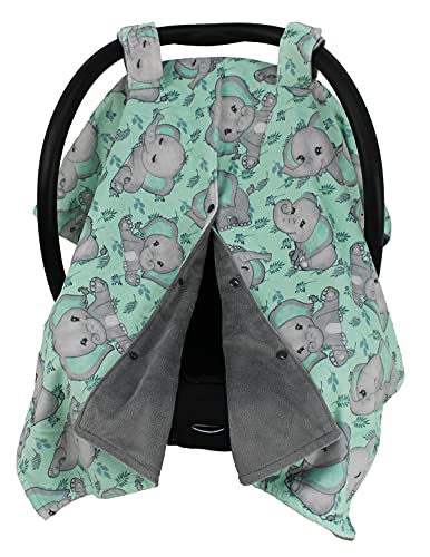 Image of Dear Baby Gear Car Seat Cover for Boys & Girls - Baby Carseat Canopy w /Snap Opening - Infant Seat Cover - Nursing Covers - Newborn Carrier Canopy - 40x30 (Gray Elephants on Mint Foliage - Gray)