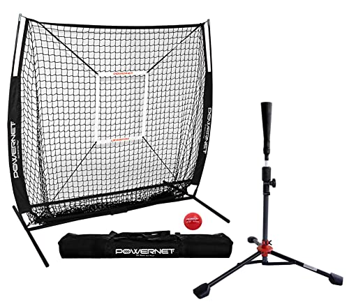 Powernet 5X5 Practice Net + Deluxe Tee + Strike Zone + Weighted Training Ball Bundle | Baseball Softball Pitching Batting Coaching | Work On Pitch Accuracy | Build Confidence At The Plate (Black) #TOP14