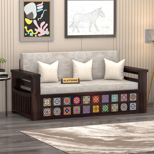 Image of Solid Sheesham Wood Sofa Cums Bed with Cushioned Seating & Handcrafted Tile Storage Front | Rosewood Convertible Sofa Bed for Living Room & Bedroom (Walnut Finish)