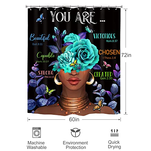 Omifly Black Girl Shower Curtain 60Wx72H Inch African American Women Bathroom Set Queen Teal Rose Motivational Quote Afro Eucalyptus Leaves Butterfly With 12 Hooks Fabric Waterproof Accessories Decor #TOP3