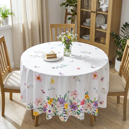 Image of Ganeen 6 Pcs Spring Wildflower Plastic Tablecloth 84 Inch Spring Round Tablecloths Floral Theme Birthday Decor Disposable Plastic Waterproof Table Covers for Holiday Wedding Decoration Party Favor
