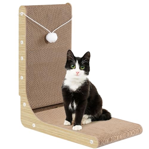Gimars Rascador para Gatos Grandes en Forma de L de 47 cm, Tablero Rascador con Peluche y Bolas de Catnip, Rascador de Cartón para Montar en la Pared, Juguetes para Gatos para Proteger Muebles, Madera