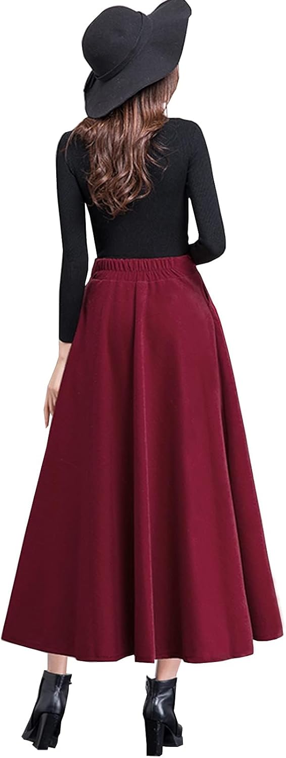 Women's High Elastic Waist Maxi Wool Skirt A-line Plaid Winter Warm Flare Long Skirt - Image 3