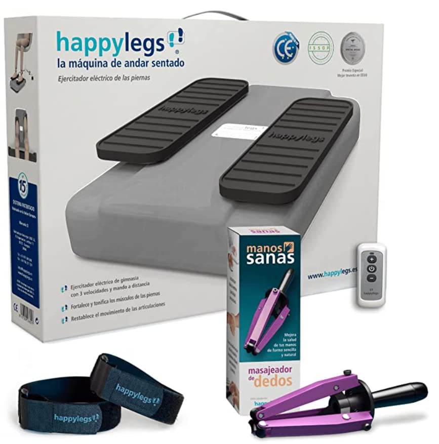 Pack Happylegs 2021 + Manos Sanas + Correas. La Máquina de Andar Sentado Que Evita Dolores de Espalda y Lumbares. Estimula tu Circulación de Piernas y Manos. ÚNICA Fabricada en España. (Silver)