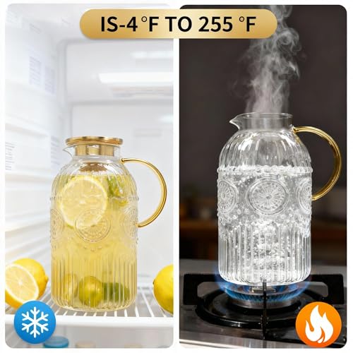 Image of Amzcku Glass Pitcher with Lid, 1 Gallon /128 oz Vintage Water Pitcher,Water Carafe for Cold Brew, Coffee, Lemonade, Iced Tea,Beverage, Heat Resistant Water Glass Jug 1Pack