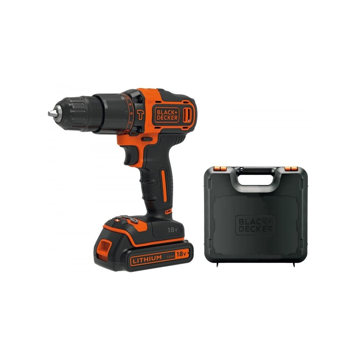 BLACK+DECKER 18V 2-Gang Akku-Schlagbohrschrauber (mit Planetengetriebe, 10mm Schnellspann-Bohrfutter, LED-Arbeitslicht, inkl. Akku, Ladegerät, Doppelbit & Koffer) BDCHD18K-QW