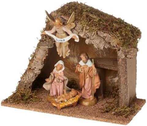 Fontanini by Roman 5" Scale Nativity Set with LED Stable – 4-Piece Holy Family with Angel and Lighted Italian Creche – Made in Italy