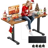 farexon Electric Standing Desk Adjustable Height, 55 x 24 Inch Sit Stand up Desk with Large Mouse Pad, 2 Metal Hook,4 Wheels,4 Memory Preset Heights Home Office Computer Desk（Brown）