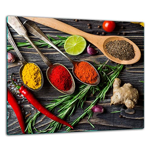 TMK | Tabla de cortar de cristal, 60 x 52 cm, una sola pieza, de cristal, protección contra salpicaduras, decoración para cocina, multicolor, especias