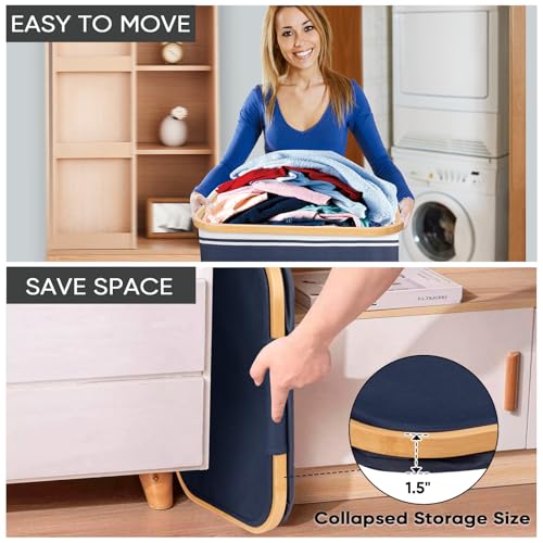 Image of BALEINE Laundry Hamper with Lid, Tall Laundry Baskets with Bamboo Pull Handles, Large Laundry Bin with Internal Support (18 Gal /70L, Blue Stripe)