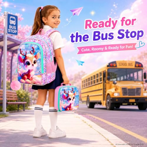Image of AGSDON 3PCS Backpacks for Girls, 16 inch Kids Backpack with lunch box, Cute Deer Water Resistant Bookbag Set for Preschool Toddler
