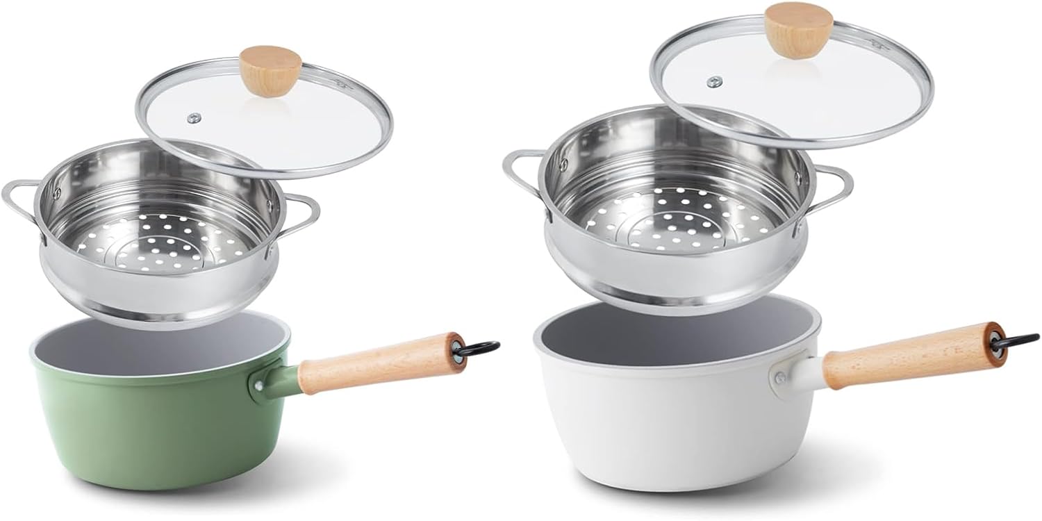 ROCKURWOK Ceramic Nonstick Sauce Pan with Lid, 2Qt & 3Qt Cooking Pot Set, Saucepan with Steamer, PTFE& PFAS-Free, Wooden Handle for Cool Touch, Universal Base(Gas, Electric & Induction)
