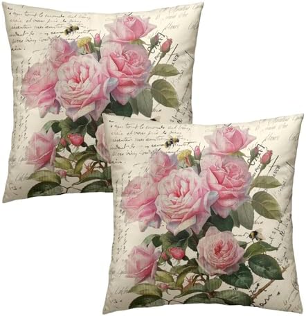 Vintage Rose Flower Pillow Covers Set of 2, 18"x18" Pink Blooming...