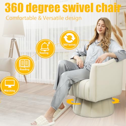 Accent Chair Mid Century 360 Degree Swivel Chair,Modern Lounge Sofa Round Barrel Chair with Wide Upholstered,Fluffy Velvet Fabric Chairs for Home Sofa Living Room/Bedroom/Waiting Room (Beige) - Image 5
