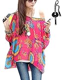 sitengle Damen Sommer Böhmische Flügel Ärmel Chiffon Kurzarm Strand Beiläufige Shirt Bat Sleeve Lose Hemd T Shirt Bluse Tops Rot One Size