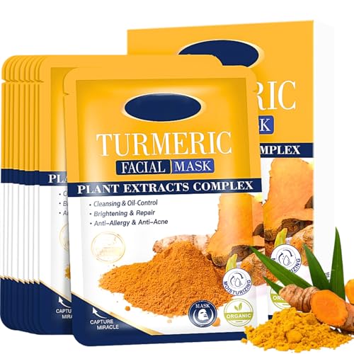Turmeric Face Sheet Masks,10 PCS Anti Acne Turmeric Face Mask, Hydrating Face Masks,Turmeric Sheet Mask for Moisturizing,Improves Dark Spots,Oil Control,Repair,Brightening,Face Masks Skincare