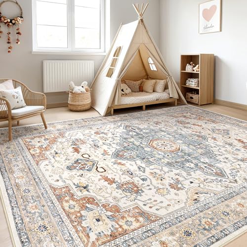 7x9 Area Rug Living Room: Washable Boho Large Neutral Vintage Soft Rug Stain Resistant Distressed Farmhouse Non-Slip Indoor Floor Carpet for Bedroom Nursery Kids Office Dining Room- Beige Blue