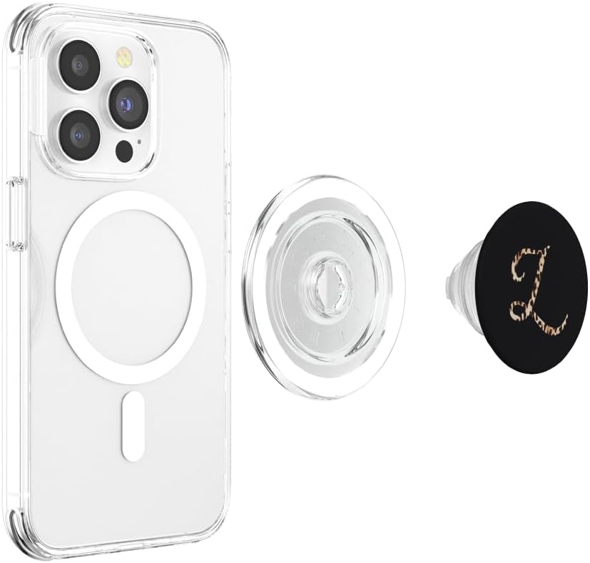 Leopard Print Monogram Letter L Art Script Initial Letter PopSockets MagSafe PopGrip for iPhone