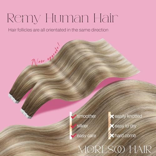Image of Moresoo Tape in Extensions Human Hair Ash Brown Blonde 14in 20Pcs 40g | Invisible tape in hair extensions, low-contrast ribbons, straight texture, short length for blowouts and weekend styling