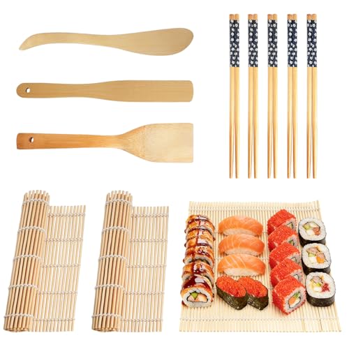 Gangyumaoyi Kit para Hacer Sushi en Casa: 3 Esterilla Sushi de Bambú, 5 Pares Palillos para Sushis, 1 Espátula, 1 Palillo para Dar Forma, 1 Herramienta de Corte, Kit para Principiantes para Preparar