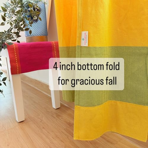 Image of RANGBHAR Handloom 100% Cotton Curtains for Door, Premium Extra Wide Curtains, 70-75% Room Darkening Cotton Curtains 5 Feet Long Set of 2 with Eyelets, (Yellow, Window-5 Feet X 5 Feet)