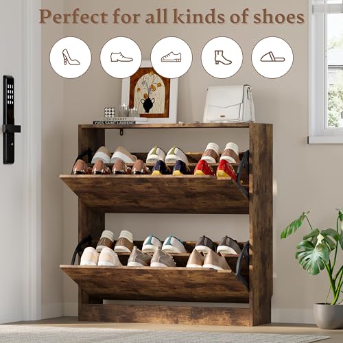 Image of BORNOON Shoe Cabinet with 2 Flip Drawers, Slim Narrow Shoe Storage Cabinet, Freestanding Shoe Organizer with Adjustable & Removable Shelves, Top Display Shelf for Entryway, Hallway, Foyer, Closet