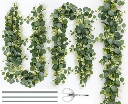 CoKeeSun Artificial Eucalyptus Garland 3pcs, Greenery Garland 5.9Ft/1.8m, Hanging Greenery Vines with White Flowers, Fake Leaves, Foliage Fireplace Wedding Arch Backdrop Wall Table Indoor Outdoor Deco