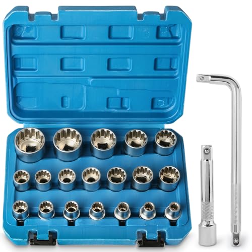 Hakkin Spline Socket Set 1/2” Drive 12 Point Universal Metric Cr-V Steel Spline Socket Set 8-32mm with 1/2” Socket Extension, 1/2” Socket Wrench for Automotive Home DIY Repair 1 Hakkin Spline Socket Set 1/2” Drive 12 Point Universal Metric Cr-V Steel Spline Socket Set 8-32mm with 1/2” Socket Extension, 1/2” Socket Wrench for Automotive Home DIY Repair