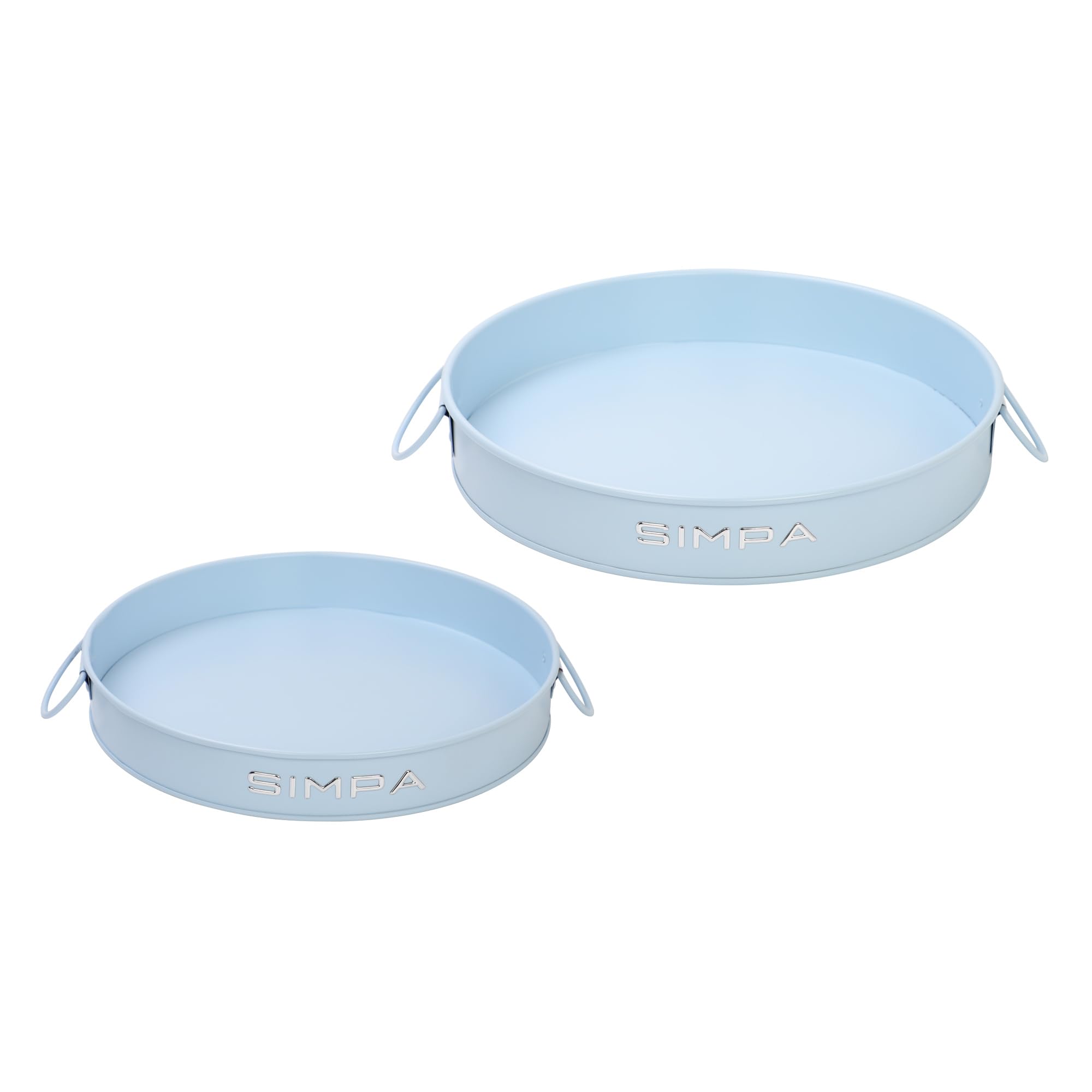 simpa Round 2PC Metal Colour Serving Trays Set with Handles, 30cm & 25cm Diameter Trays - Matt Blue