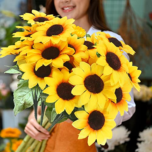 Sunflower Artificial Bundles With Stems Bouquet Fake Plants Uv Resistant Plastic Greenery Faux Outdoor Flower Plants No Fade For Garden Porch Window Box Decorating (Big,24 Bundles) #TOP1