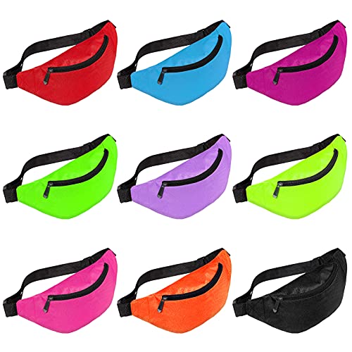 9 Pieces Neon Fanny Pack Waterproof Waist Bag 80s Party Fanny Pack Adjustable Waist Bag Waist Belt Bag for Kids, Women and Men, Travel, Party, Festival, Running Hiking