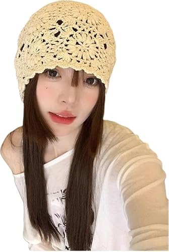 [Luvian] かぎ針編みニット帽 レディース サマーニット帽 手編みニット【日系透かし編みデザイン・小顔効果】 可愛い 花柄 通気 吸汗 蒸れない 薄手 ゆったり 透かし 春 夏 秋 室内用 外出用 - Luvian - 商品画像