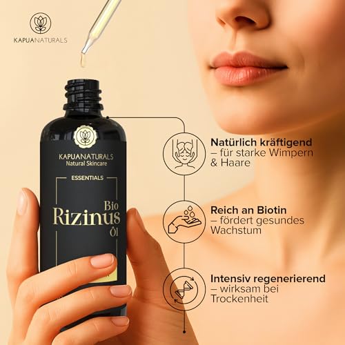 Rizinusöl Kaltgepresst Bio -100 ml - 100% kaltgepresst & ohne Hexan, hoher Ricinolsäuregehalt, Haaröl & Gesichtsöl für Bart, Wimpern, Brauen, Nägel & Haut – Castor Oil Organic Wimpernpflegekit