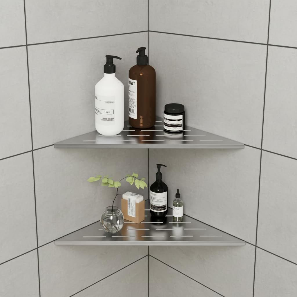 FerdY 2-Pack 10" Matte Black Recessed Corner Shower Shelf, 304 Stainless Steel Floating Shower Shelf, Shower Caddy Storage Shelves, for Tiled Bathroom Walls, No Drilling Required, Striped Triangle