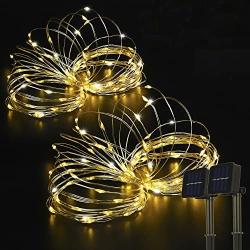 BEEWIN 2 Pack 33ft 100 LED Solar Copper String Lights,8 Modes Christmas Fairy Lights Waterproof IP65 Twinkle Lighting Indoor Outdoor Fairy Firefly Lights Auto ON/Off (Warm White)