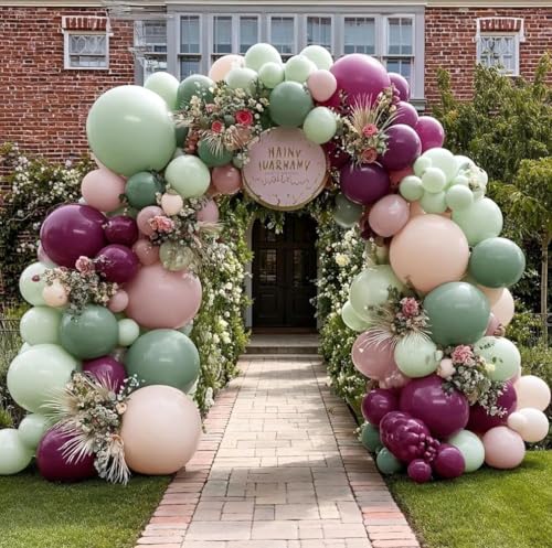 Image of Sage Green Plum Balloon Garland Kit - Double Stuffed Dusty Pink Mauve Sand Balloon Arch for Baby Shower Birthday Bachelorette Bridal Shower Wedding Party Decorations