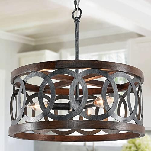 Farmhouse Chandeliers for Dining Rooms, Antique Wood & Black Metal Industrial Drum Chandelier Lighting, 3-Light Modern Rustic Kitchen Light Fixture Vintage Ceiling Light Hanging for Foyer Living Room