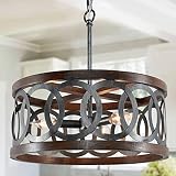 Farmhouse Chandeliers for Dining Rooms, Antique Wood & Black Metal Industrial Drum Chandelier Lighti