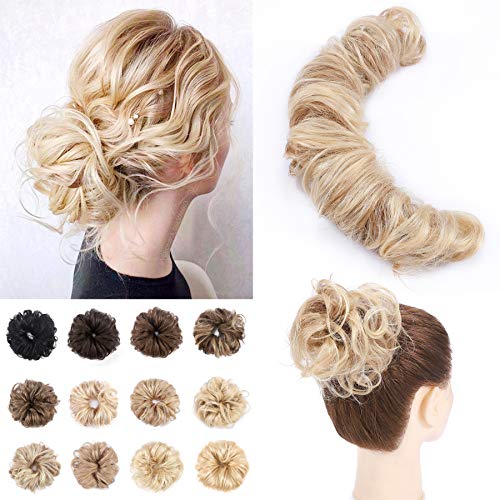 S-noilite Human Hair Messy Bun Hairpieces DIY Wrap Around Updo Extension Real Hair Balayage 32g Curly Remy Hair Ponytail Bun Maker Scrunchie Hair Band For Women #12 613 Golden Brown Bleach Blonde